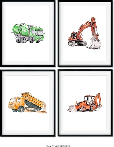 Miniatura 4 de Arte de pared de vehículos de construcción para dormitorio de niño, juego de 4 decoración moderna de habitación de bebé para niños, arte de pared