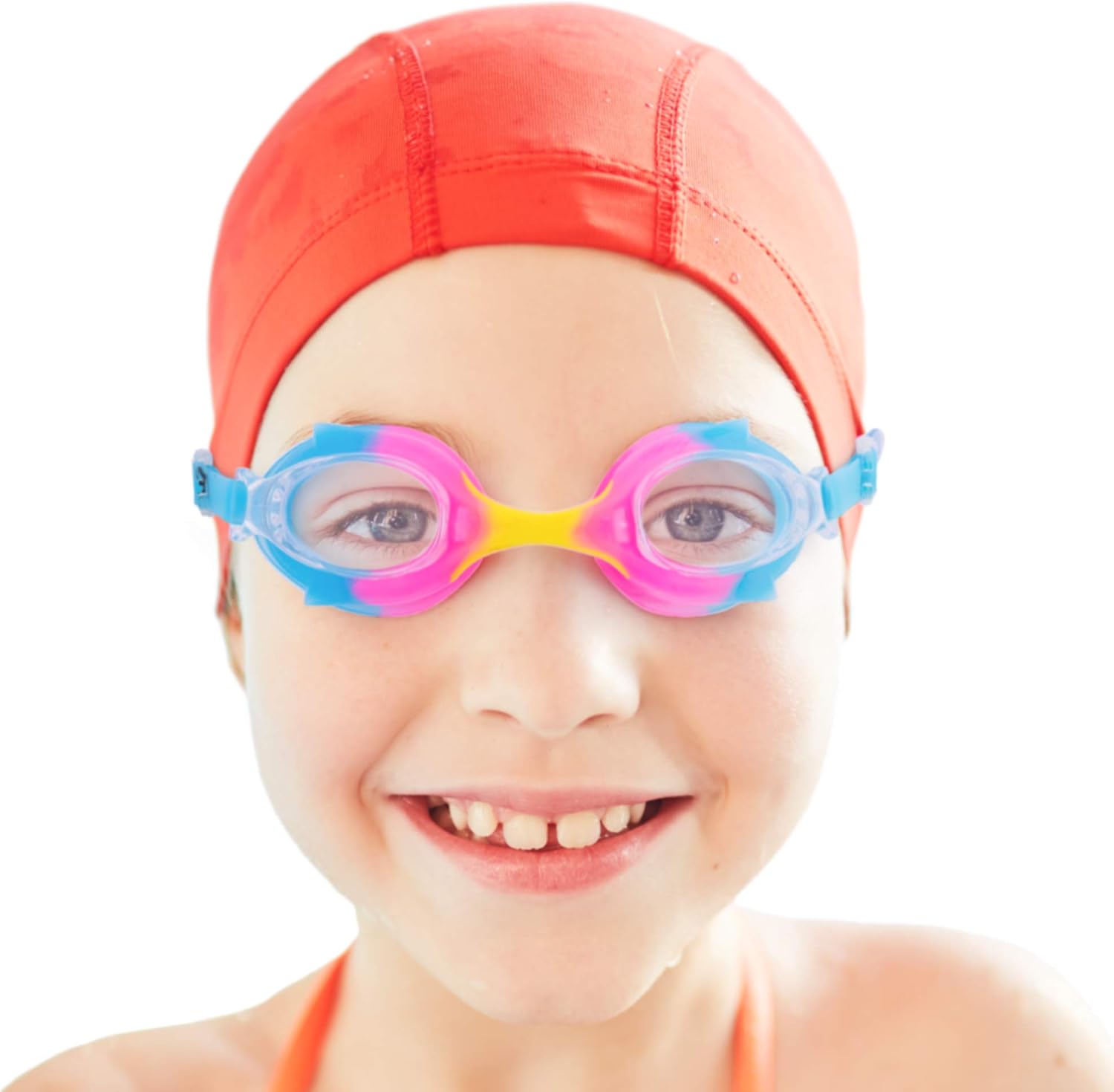 Colorful Kids Goggles with Case | Children's Swimming Eyewear, UV Protection and Anti-fog Lenses for Boys and Girls | Polycarbonate Lenses, Silicone Strap and Gasket | Pool and Beach (Cotton Candy)