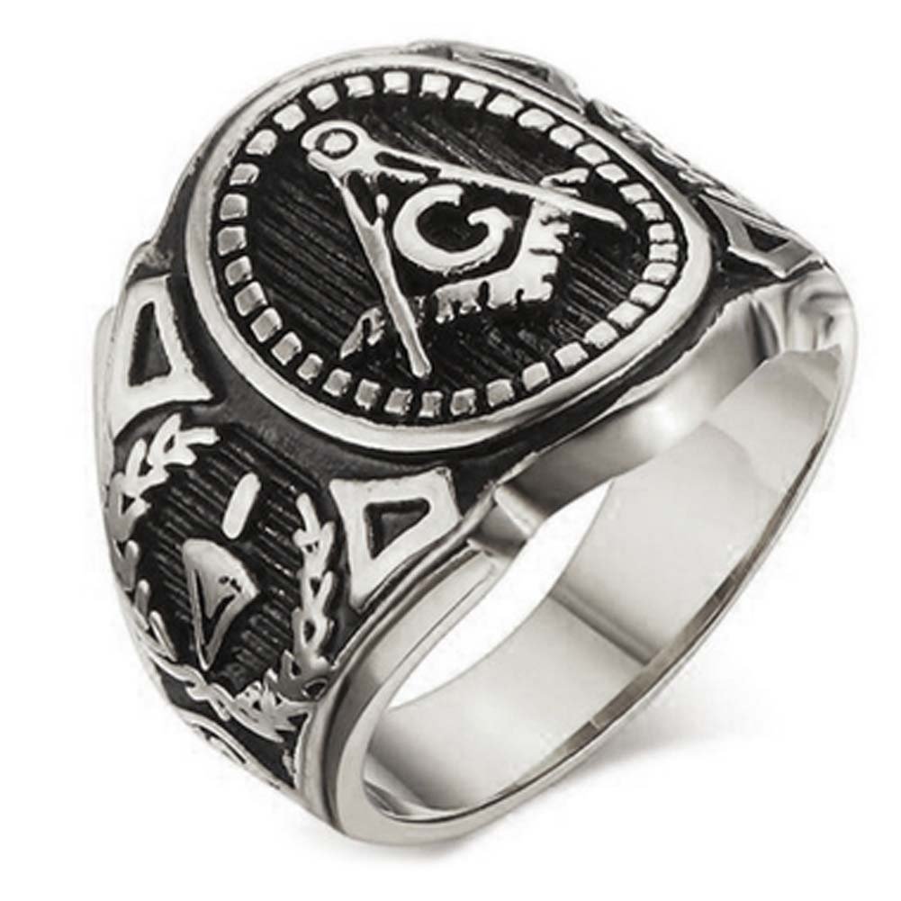 Mason ZoneSilver Color Freemason Ring Stainless Steel with Classic Center  Design, pin Stripes, Etched Tool Symbols (Masonic Rings) (Size 11)