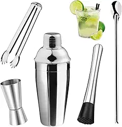 Kit Coqueteleira (5 Peças) Kit Caipirinha Coqueteleira Em Inox 500ml Com Colher 30,5cm Dosador Duas Partes 25ml/50ml Pegador De Gelo 17,5cm Socador Macerador 20cm Coqueteleira (5pçs)