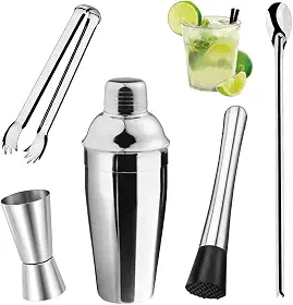 Kit Coqueteleira (5 Peças) Kit Caipirinha Coqueteleira Em Inox 500ml Com Colher 30,5cm Dosador Duas Partes 25ml/50ml Pegador De Gelo 17,5cm Socador Macerador 20cm Coqueteleira (5pçs)