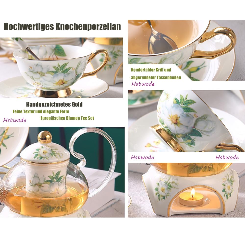 9 Stück Europäischen Blumen Tee Set,Muster Bone China Tee Set Service Kaffee Set, Beheizte Glas Teekanne, Für Geschenk Und Haushalt, Hochzeit (Kamelienblüten-Muster)