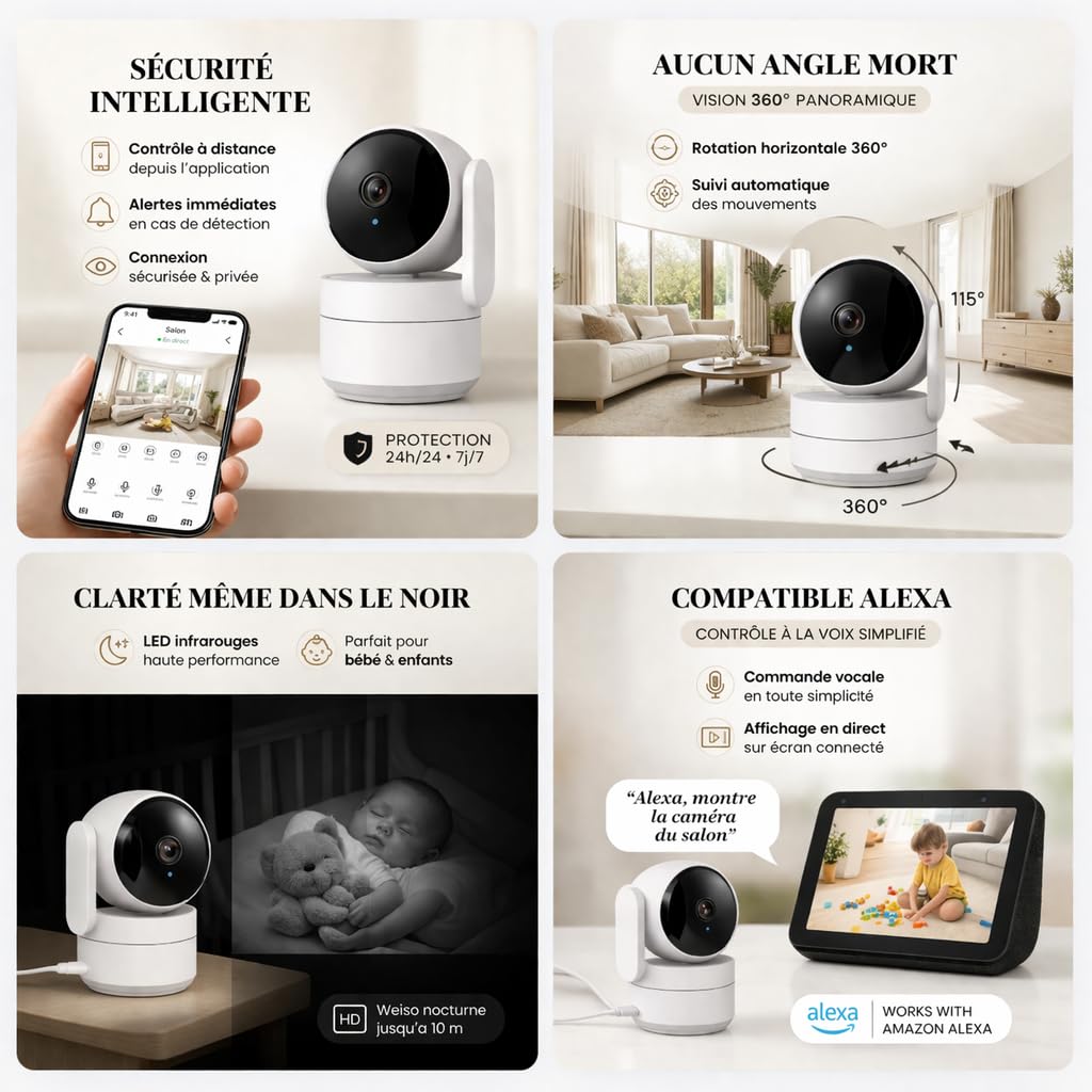 Daewoo Security - Pack Alarme Connectée WiFi VIG105 - Kit Complet sans Abonnement, 10 Contacteurs + 5 Détecteurs de Mouvement, Sirène Solaire, Caméra Surveillance Full HD - Alexa & Google Home