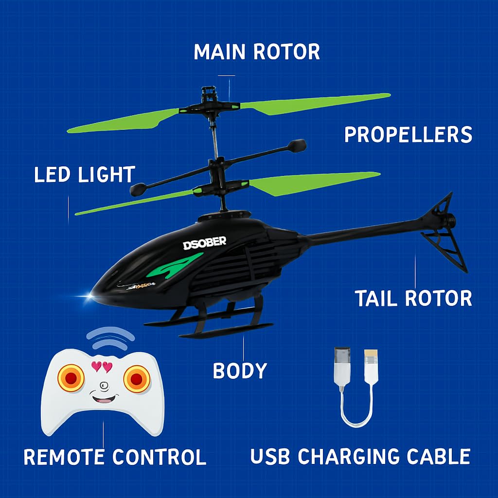 VRION® Helicopteer for 6 + Years Boys Indoor and Outdoor Helicopteer, Palm Sensing Helicopteer with led Lights Birthday,Chiristmas,Xmas Gifts(Pack of 1) (Green Black)