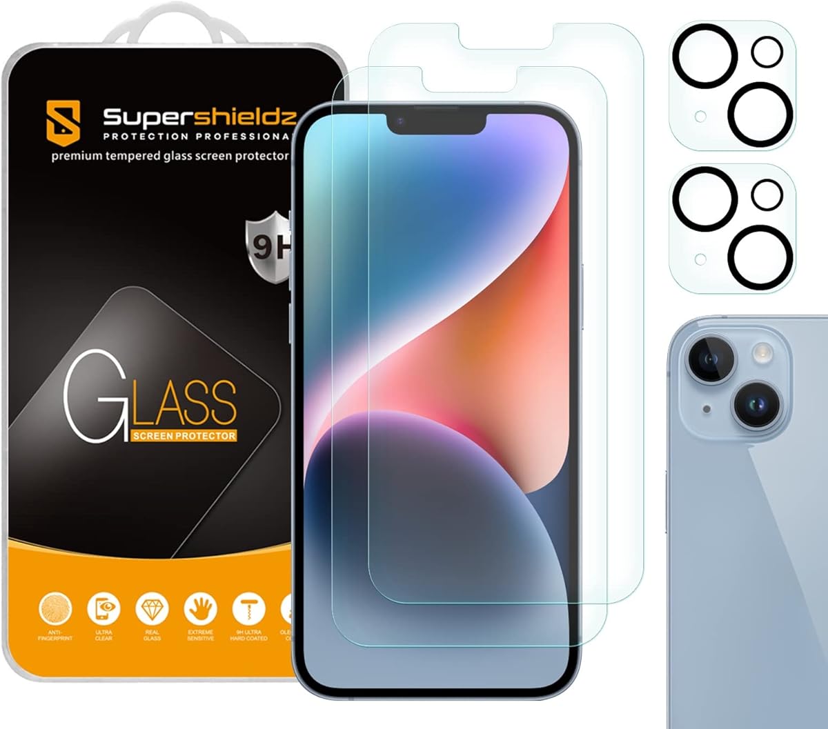 (2 Pack) Supershieldz Designed for iPhone 14 Plus (6.7 inch) + Camera Lens Tempered Glass Screen Protector, Anti Scratch, Bubble Free