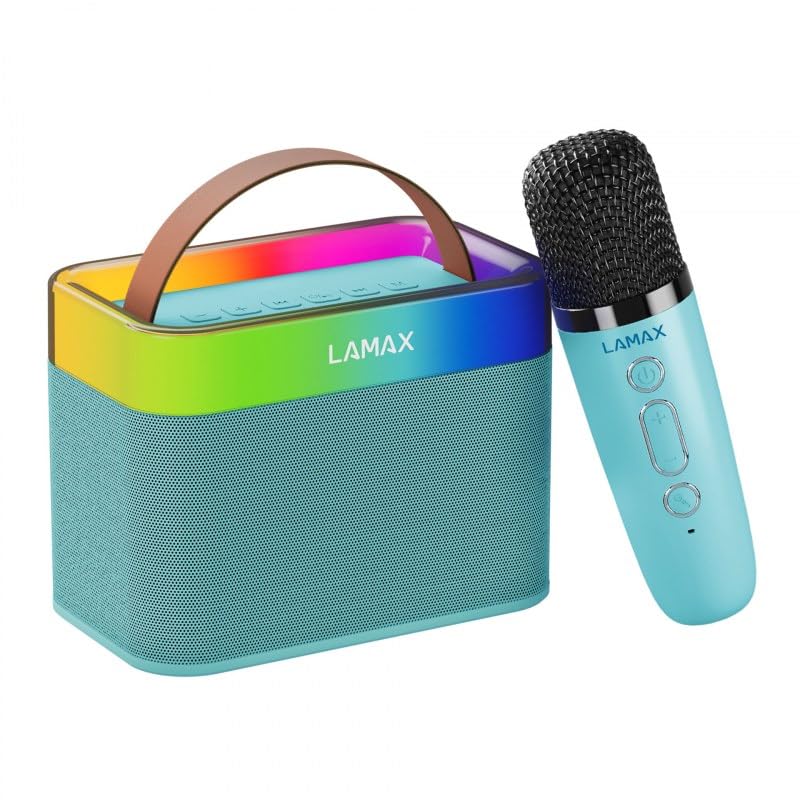 LAMAX KaraokeKid1 Blue, przenośny głośnik dziecięcy z trybem karaoke i mikrofonem do karaoke ze zmieniaczem głosu. Do słuchania i rozrywki, wzornictwo dla dzieci, Bluetooth 5.3, podświetlenie LED