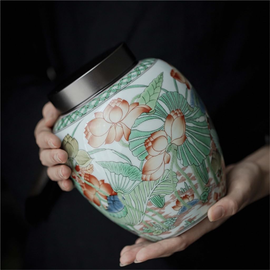 SONGCHAO Sugar Jar Retro Lotus Ceramic Loose Tea Storage Jar with Lid Sober Tea Jar Kitchen Candy Nut Coffee Bean Cereal Sealed Jar Tea Canister (Size : Medium)