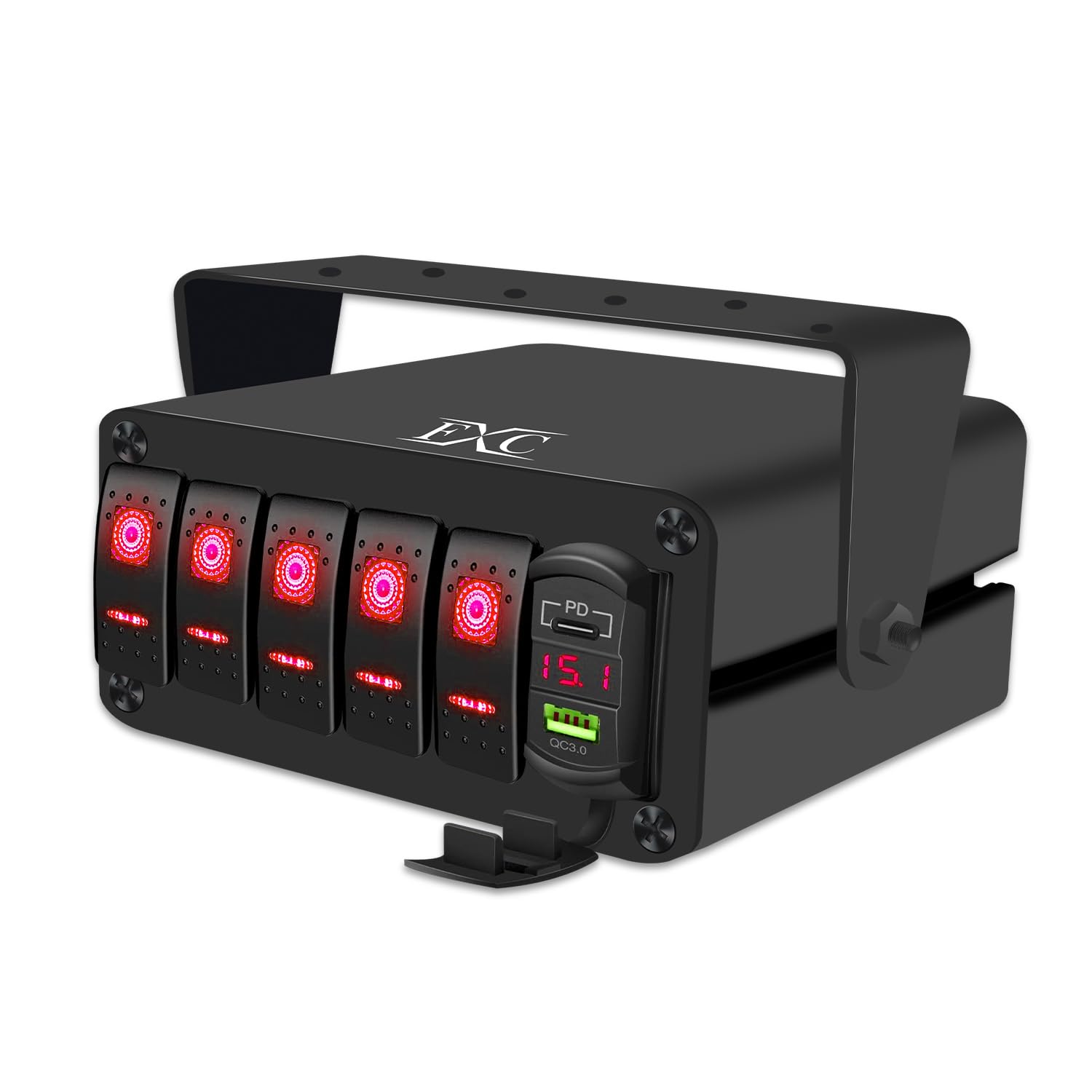FXC 5 Gang Aluminum Rocker Switch Panel Red Backlit with PD Type C and QC 3.0 USB Charger Voltmeter Waterproof 12V 24V DC Rocker Switch Box for Car