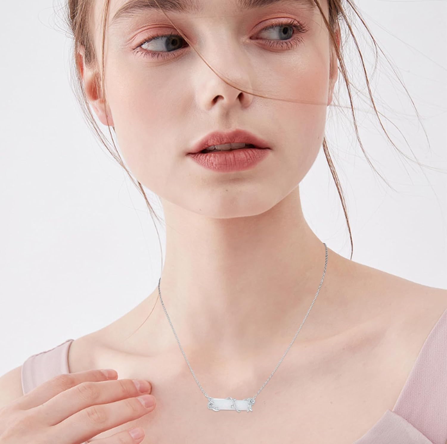 Bar Necklace for Women,S925 Sterling Silver White Opal Bar Necklace with Leaf Charm Bar Pendant Jewelry Gift for Mom Daughter Wife - Image 2