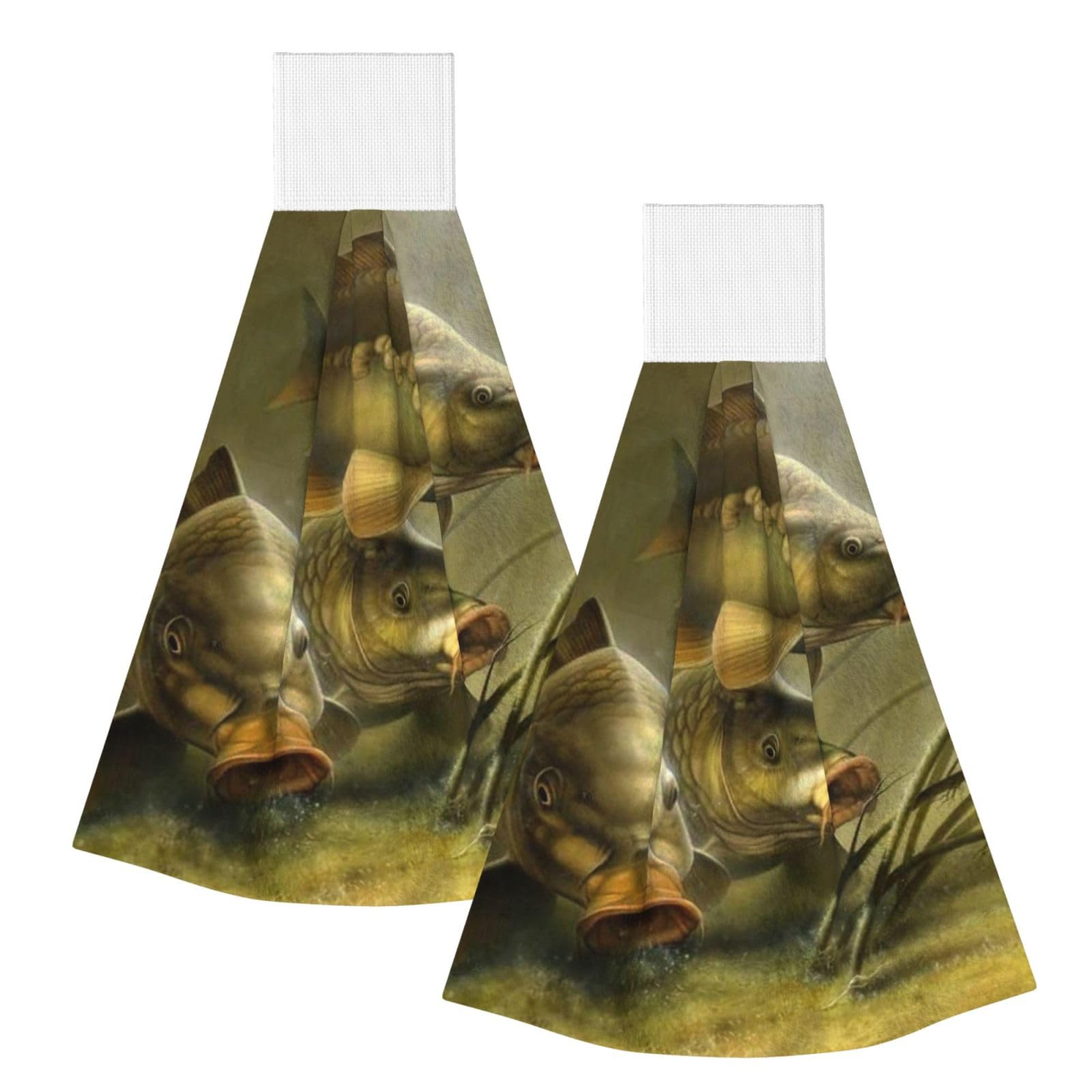 DOPKLNA Carp Fishing Art, 2 Pcs Hanging Coral Fiber Hand Towels for Bathroom, Absorbent Kitchen Towels