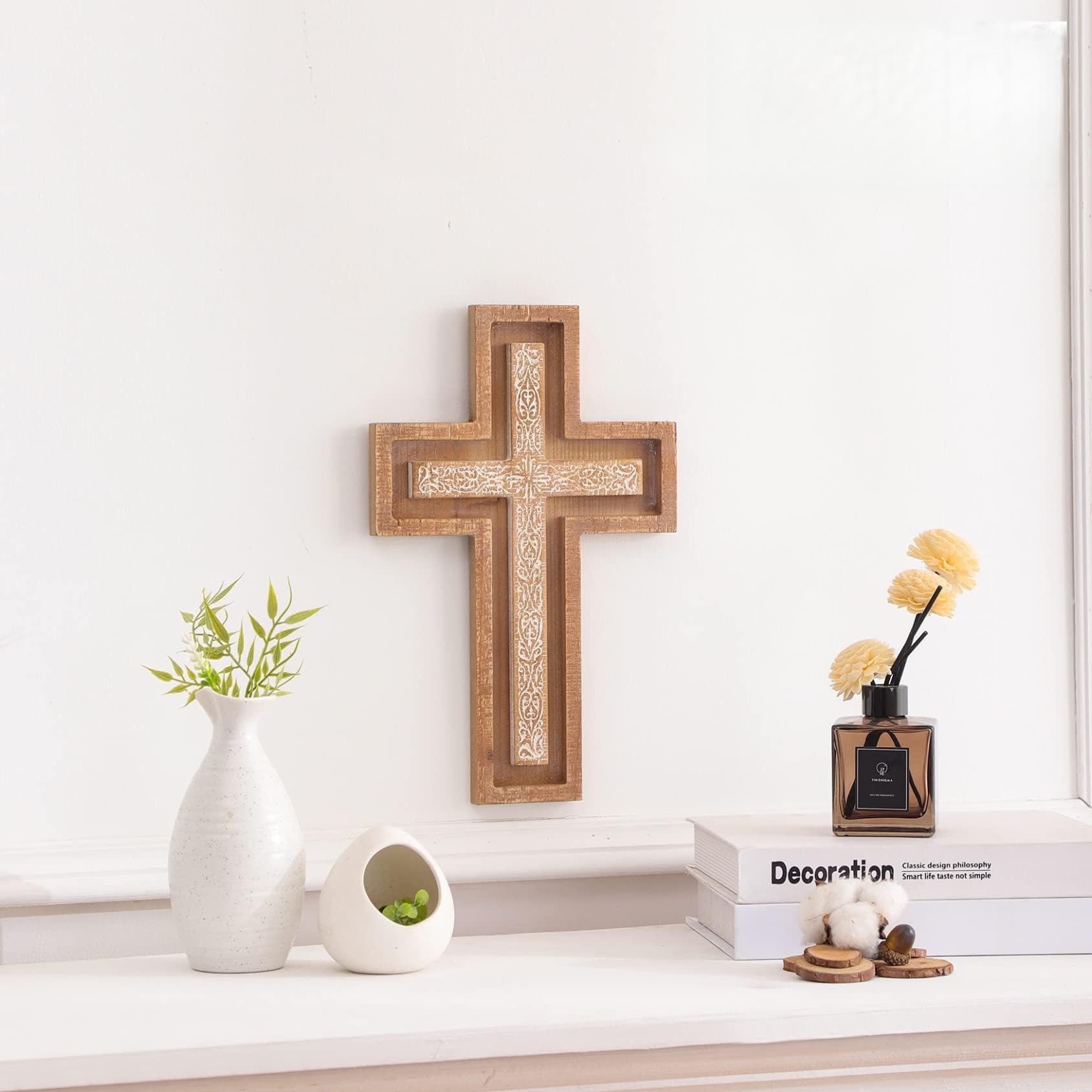 Wooden Cross, Hanging Crucifix Wall Cross Catholic, Decorative Crosses for the Wall, Christian Baptism Confirmation Gift