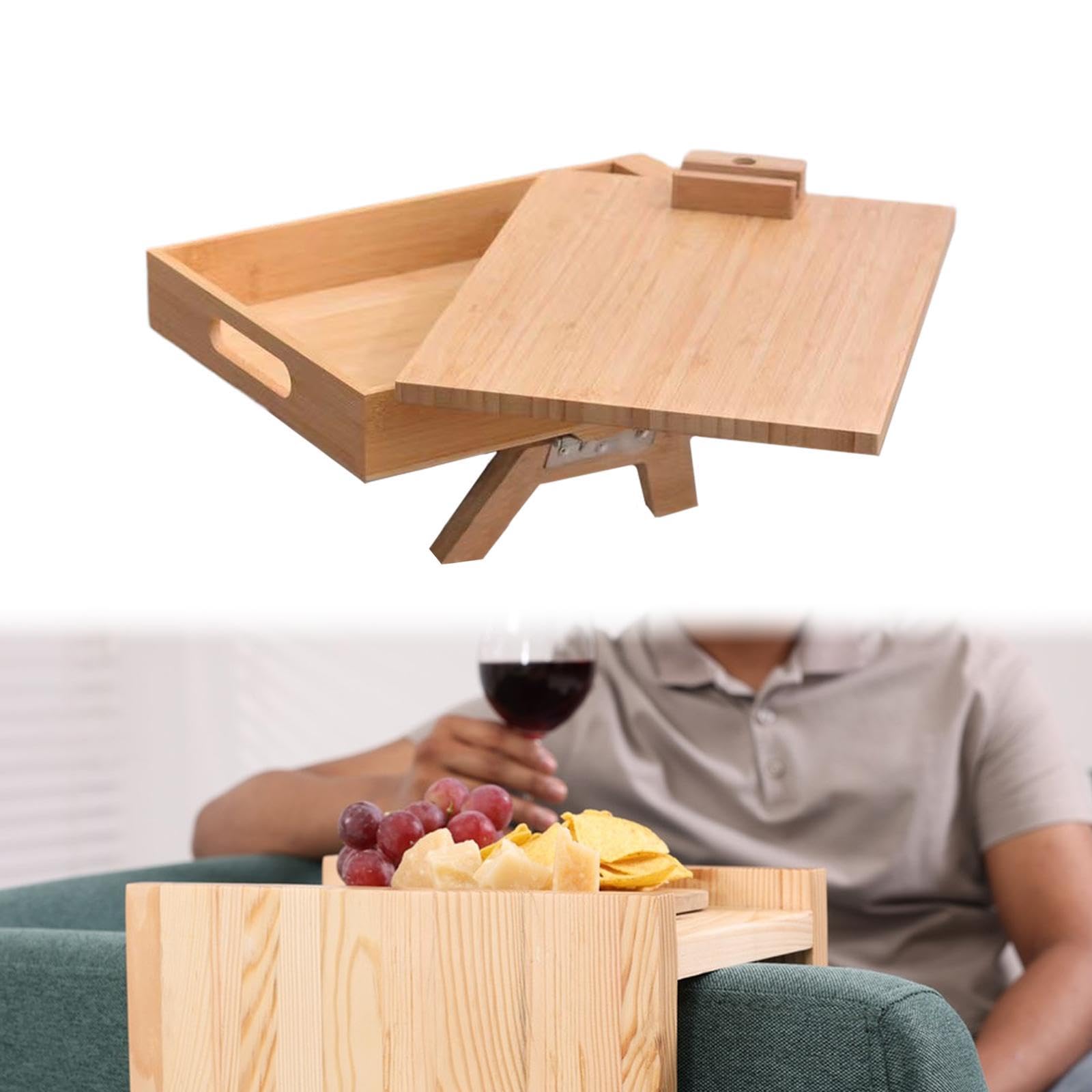 Bandeja de Madera para Reposabrazos de Sofá, Mesa Auxiliar para Mando a Distancia, Taza, Aperitivos.