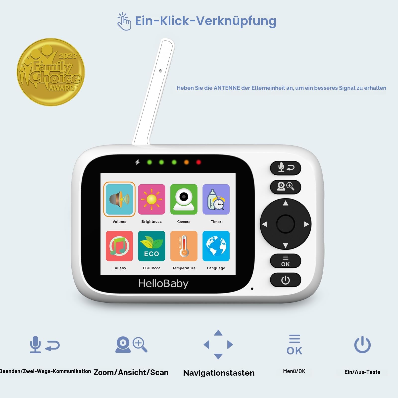 HelloBaby Babyphone mit Kamera ohne WLAN, 3,2 Zoll Bildschirm, 2 Wege Audio | 320° Schwenk, 120° Neige, Zoom, Temperaturanzeige, Nachtsicht, 305m Reichweite, ECO, 8 Schlaflieder, Fütterungsalarm HB6339