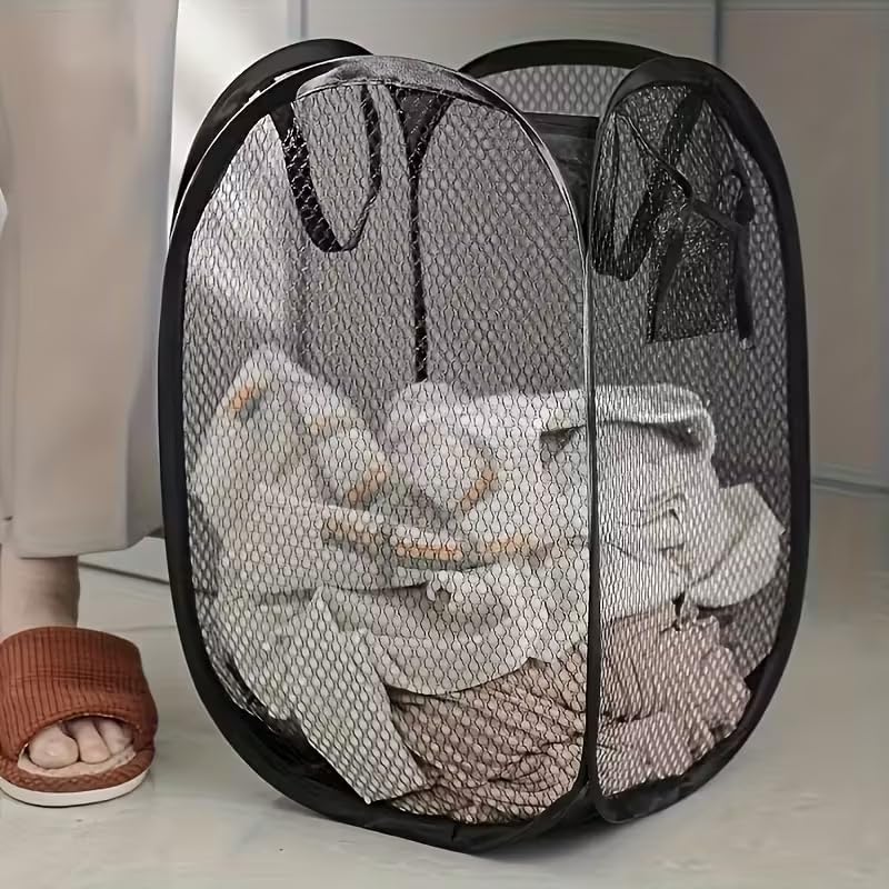 Pop Up Mesh Laundry Hamper with Ergonomic Handles, Foldable Fabric Storage, High Capacity for Laundry Room Bedroom Bathroom, Black