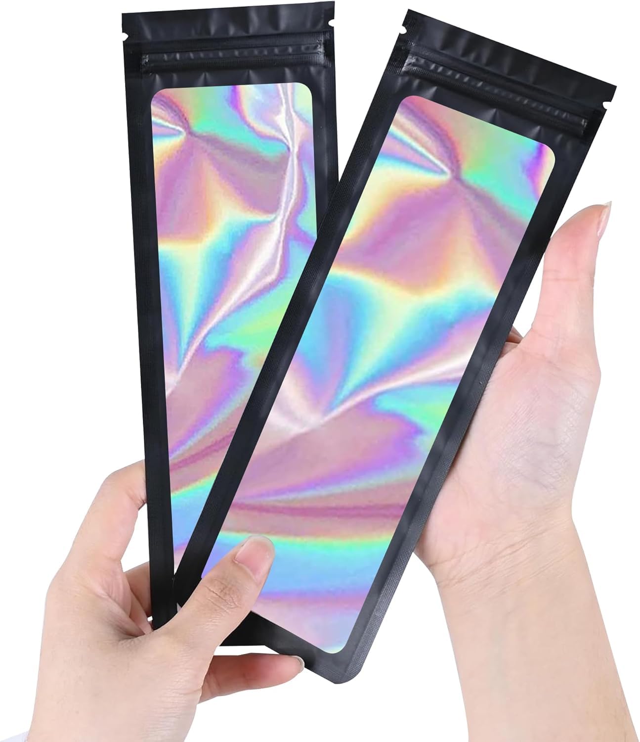 100 Stück Klein Mylar Beutel 7X22CM,Zip Beutel Geschenk,Holografische Folienbeutel Mit Transparentem Fenster - Für Schmuck, Süßigkeiten, Kekse, Wimpern (Schwarz)