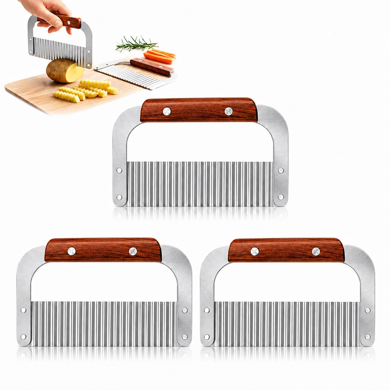 3PCS Crinkle Cutter Heavy Duty, Stainless Steel Crinkle Cutter Potato Chipper Vegetable Crinkle, Manual Vegetable Tools, Wooden Handheld Potato Spiral Cutter and Crinkle Chip Cutter for Home Cooking