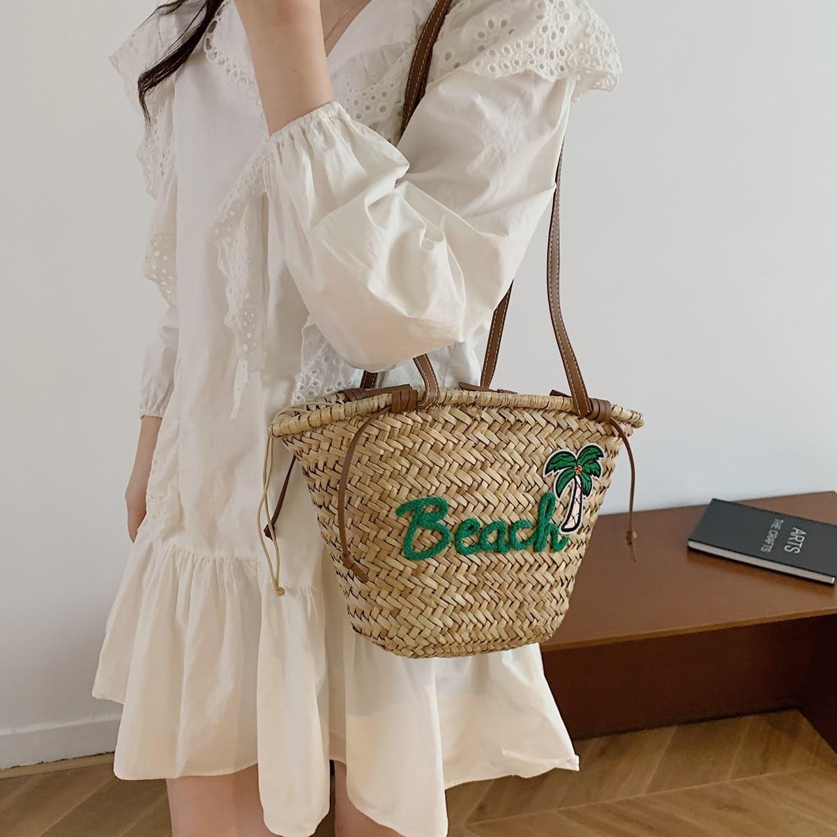 borsa donna estiva Borsa in paglia intrecciata con alfabeto ricamato da donna viaggio Vacanza al mare Spalla di grande capacità
