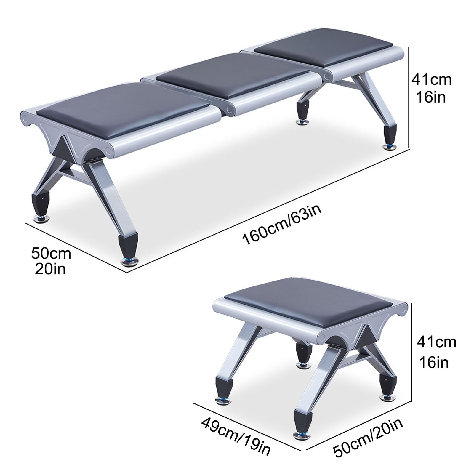 Set di 3 panchine per sala d'attesa, struttura in acciaio a 5 posti, con cuscino in pelle, ideale per ufficio, reception, aeroporto, ospedale, banca, lounge, design