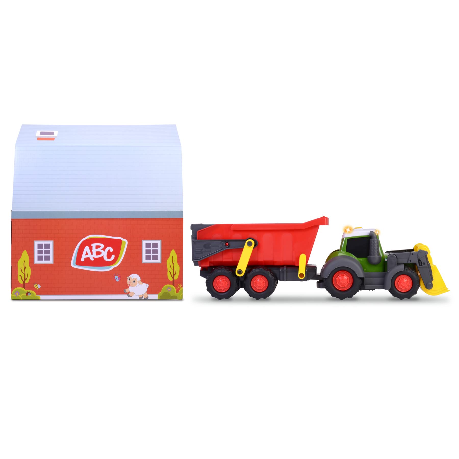 Dickie 204119000ONL ABC Fendt traktor z przyczepą i papierowym domkiem, światło, dźwięk, ruchoma łopata, 65 cm