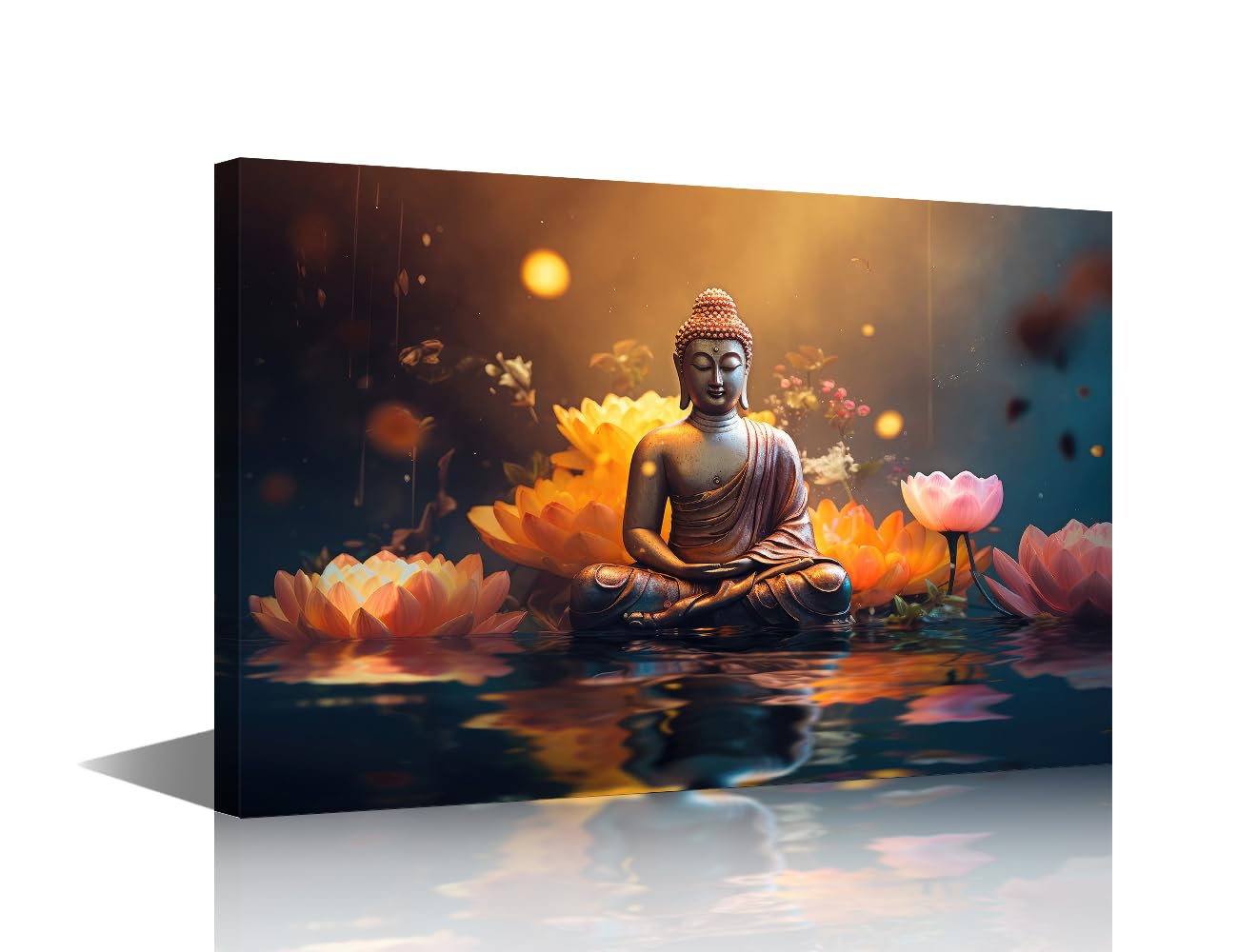 1 Panels Buddha Statue Wall Art Gold Buddha Statue Pictures Posters for Room Aesthetic Buddha's Light Living Room Wall Art Contemporary Home Decor Stretched and Framed Ready to Hang (16"Wx24"H)