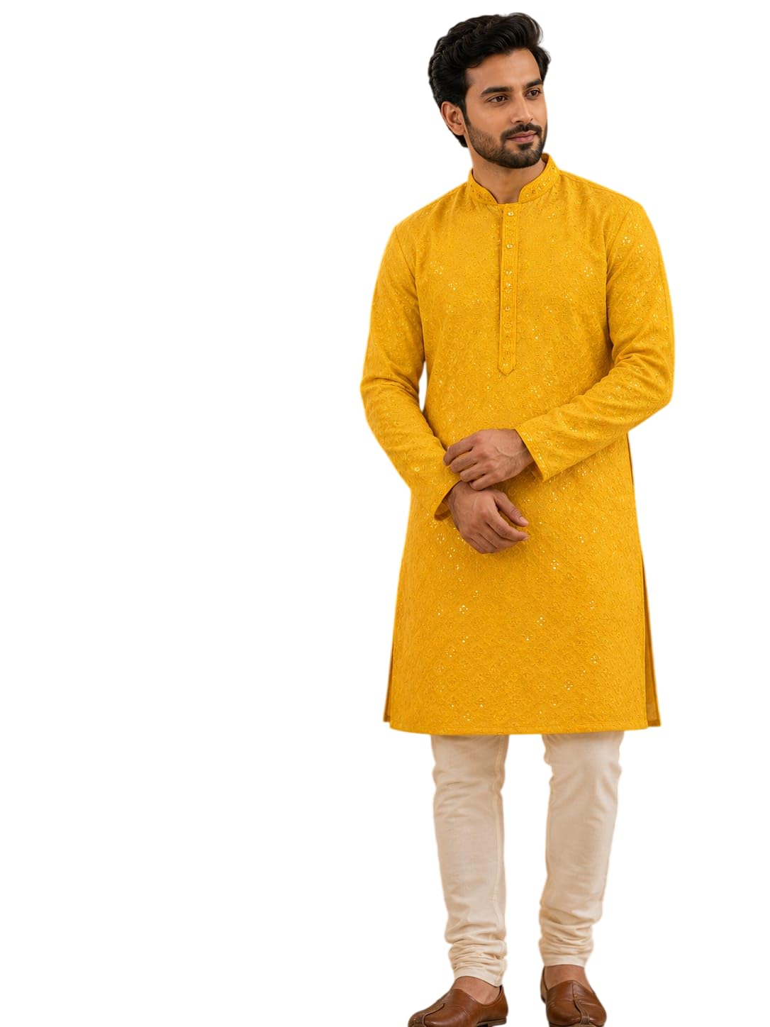 Men's Embroidered Kurta pajama set, Yellow, Mandarin Collar, Full Sleeves, Side Slits, Festive Collection-image-40