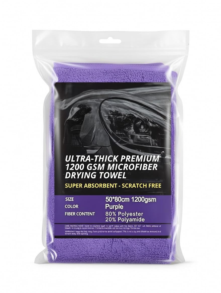 Ultra Emici Araba Kurutma Havlusu XXL 1200 GSM 50x80cm Motosiklet Bükülmüş Havlu Mikrofiber Bez - Tüy Bırakmayan ve Renk Koruyucu Mikrofiber Bez Araba Bakımı (Mor)