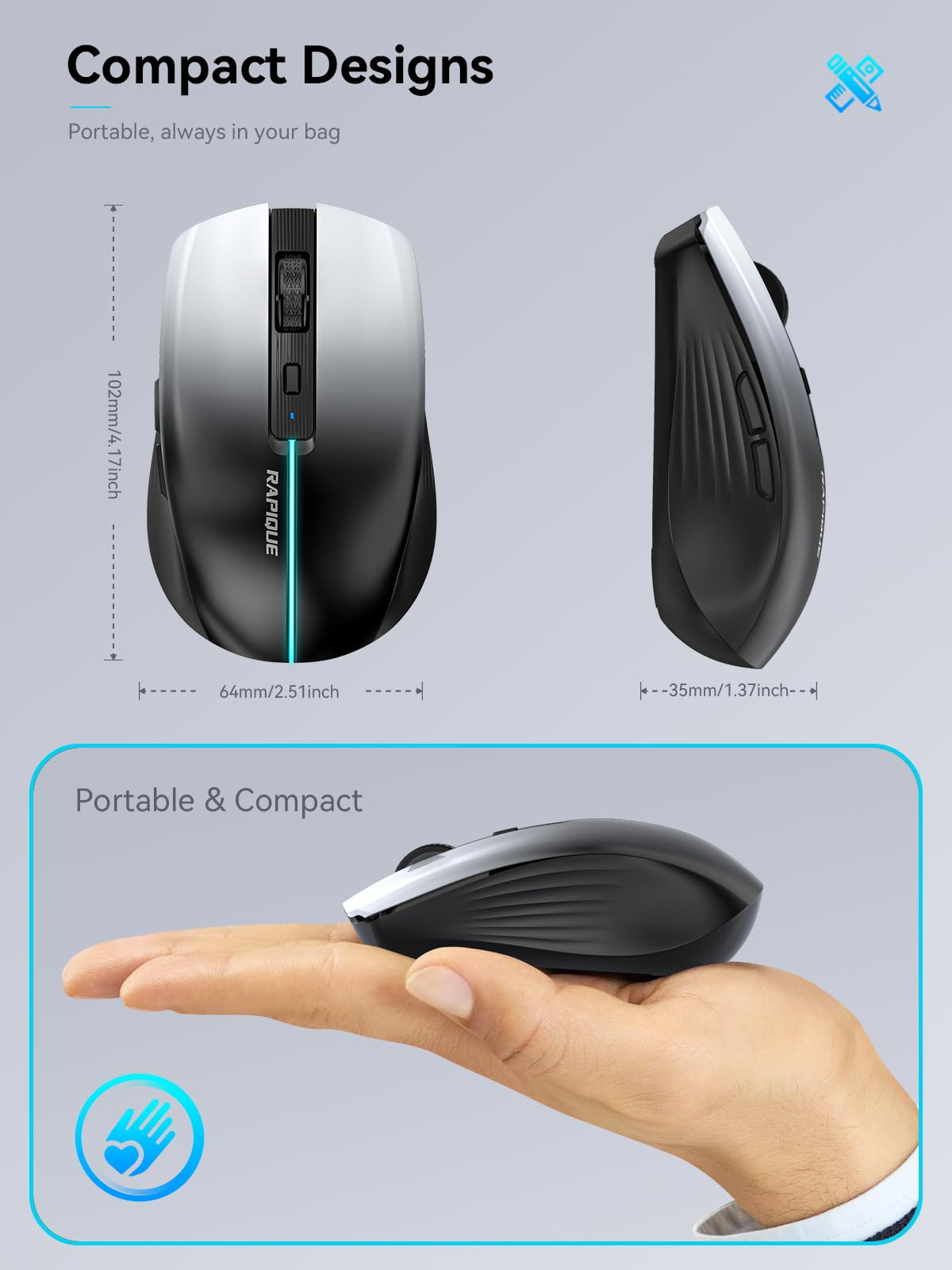 RAPIQUE Mouse senza fili Bluetooth – Bianco a Nero Gradiente, Doppia connettività Bluetooth 5.1 e 2.4G, Silent Click, Ricaricabile, Ergonomico 6 Tasti per Windows/MacOS/Android/Laptop/MacBook/iPad
