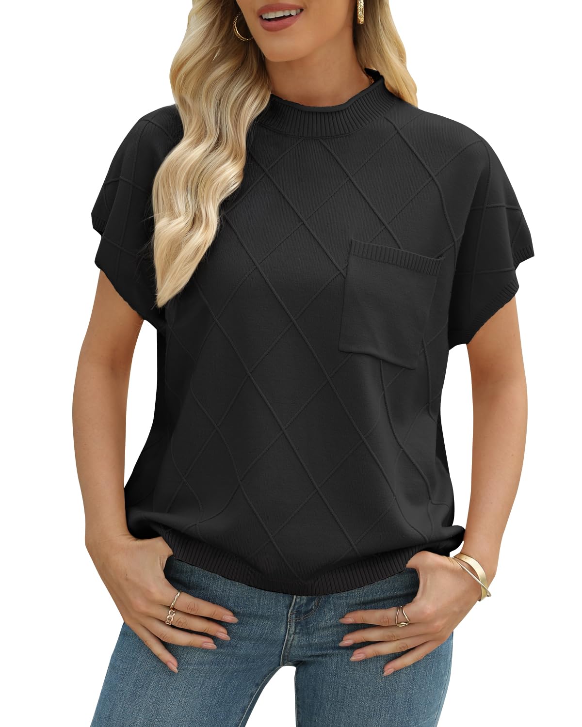 Tanou Womens Sleeveless Sweater Vest Mock Neck Sweater Tank Tops Knit Casual Loose Pullover with Chest Pocket