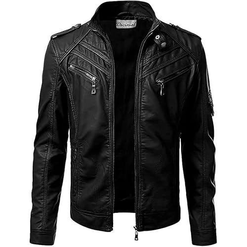 DECIMAL Men's Black Genuine Lambskin Leather Biker Jacket VINTAGE REAL MOTORCYCLE JACKETS FOR MEN