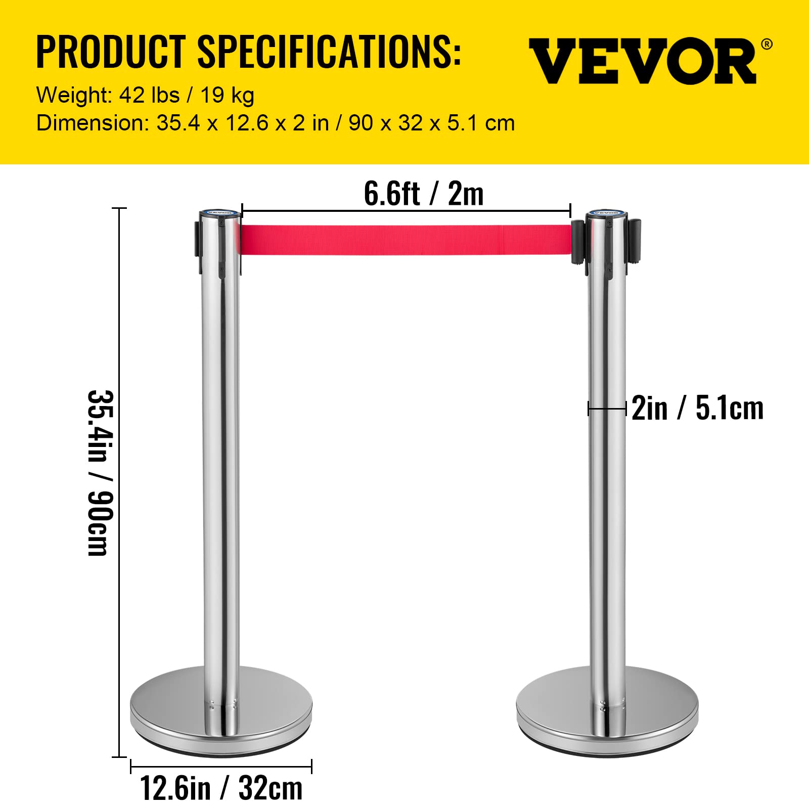 VEVOR Poteau de Guidage, 6 Pcs Poteaux d'Argent de Séparation avec 2 m Ceinture Rouge Rétractable, Balisage Stable en Acier Inoxydable, Barrière de Passage pour Aéroport Banque Séparer des Foules