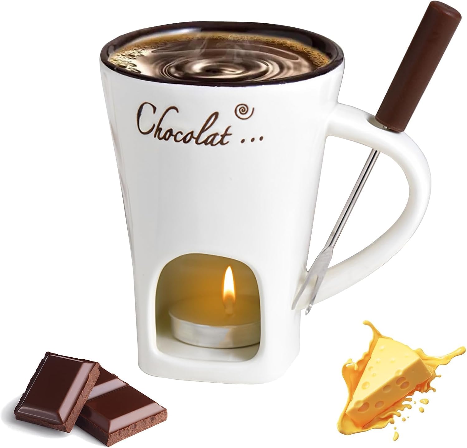 Chocolate Fondue Mug, Chocolate Melting Cup with Fork, Melting Chocolate Mug, Fondue Set for Office School Home, Cheese Fondue Sets, Sweet Fondue Cup for Valentine's Day Gift (White)