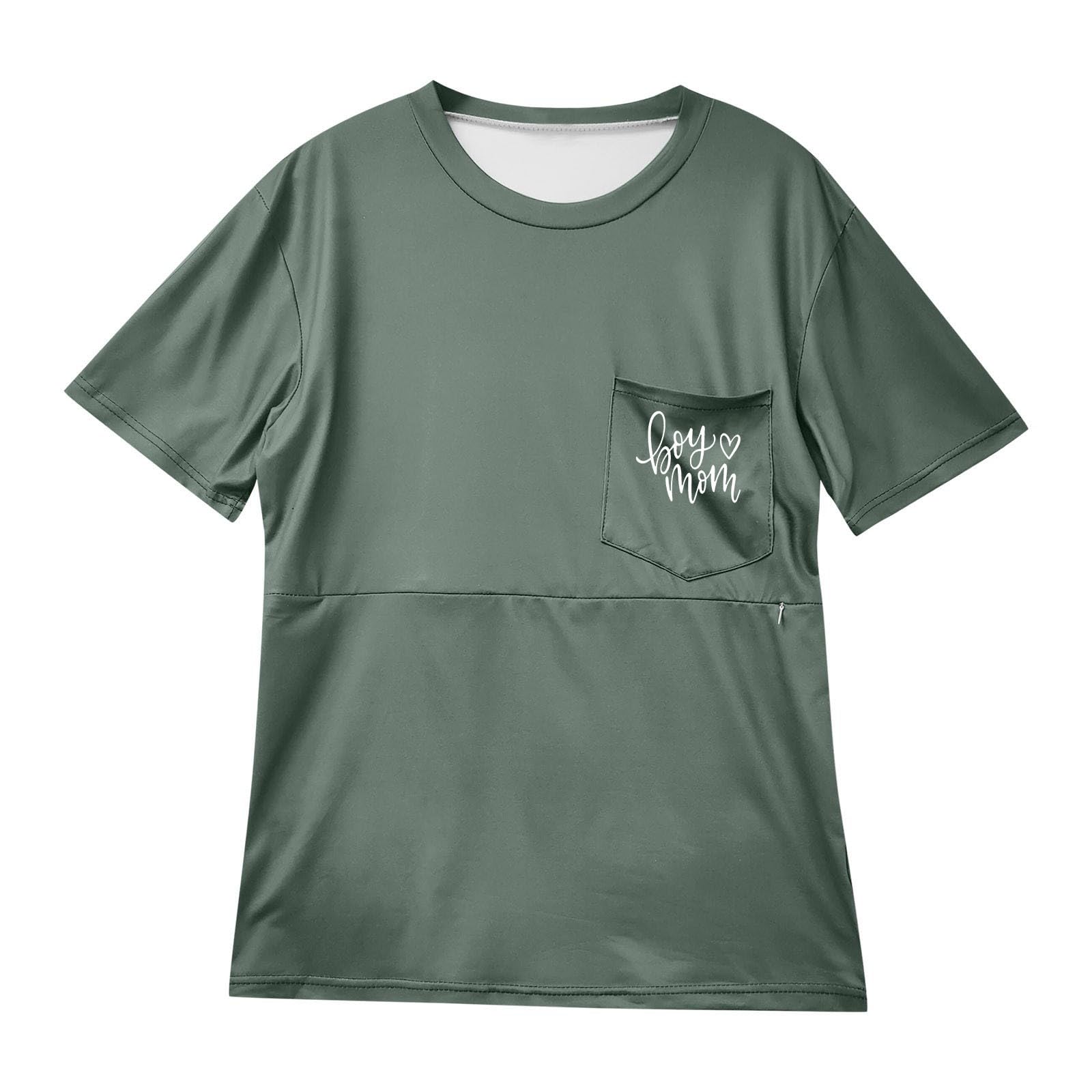 Generisch Chemisier de maternité - T-shirt d'allaitement confortable pour femme avec fermeture éclair - Haut sur-ventre - Vêtement d'allaitement pratique avec poche - Design de grossesse