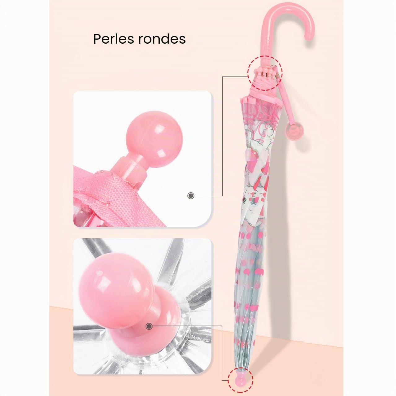 Chesoon Parapluie pour enfant Motif chat rose mignon Surface transparente en forme de bulle Toile bombée résistante au vent Filles âgées de 3 à 8 ans