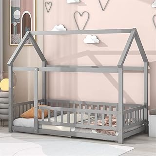 Twin Size Floor Bed for Children, Solid Wood House Bed with Roof and Fence Guardrails for Boys Girls, Montessori Bed Playhouse Bed Without Wood Slats for Living Room Bedroom, Gray