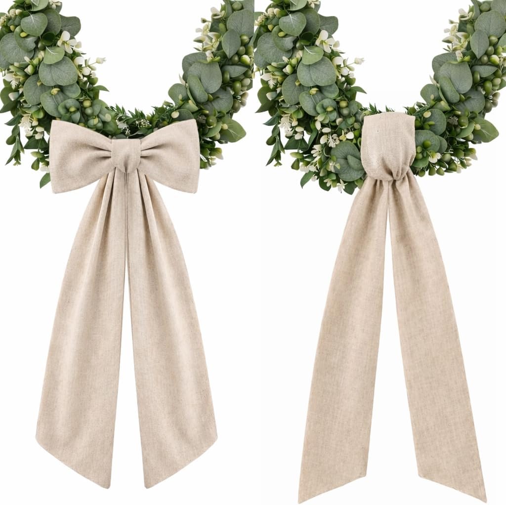 2 Pack Wreath Sash for Front Door, Boxwood Wreath Sash Garland Ribbon, Burlap Farmhouse Wreath Accessories for Porch Doorway Indoor Outdoor Home Decor (Beige)