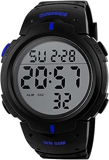 ساعة رياضية مقاومة للماء بمنبه مناسبة للسباحة والمهام المتعددة للرجال والنساء من سكماي متعددة الوظائف ذات اضاءة خلفية واضحة وشاشة ال اي دي موديل رقم 1068 أسود/أزرق