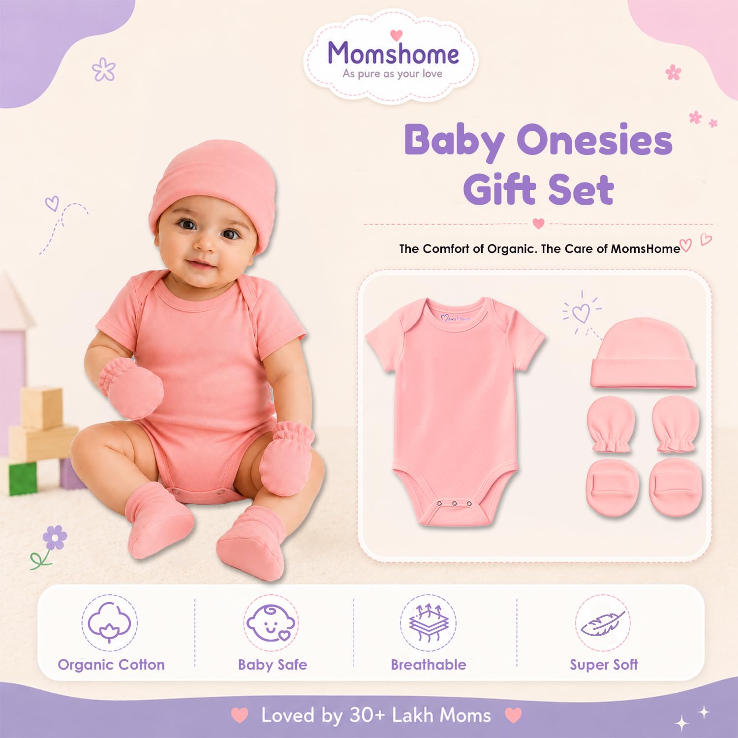MOM'S HOME Organic Cotton Baby Onesies Gift Set | Rompers, Cap, Booties, Mittens Set/Newborn Essentials | Pack Of 4 | (3-6 Months, Peach) 1
