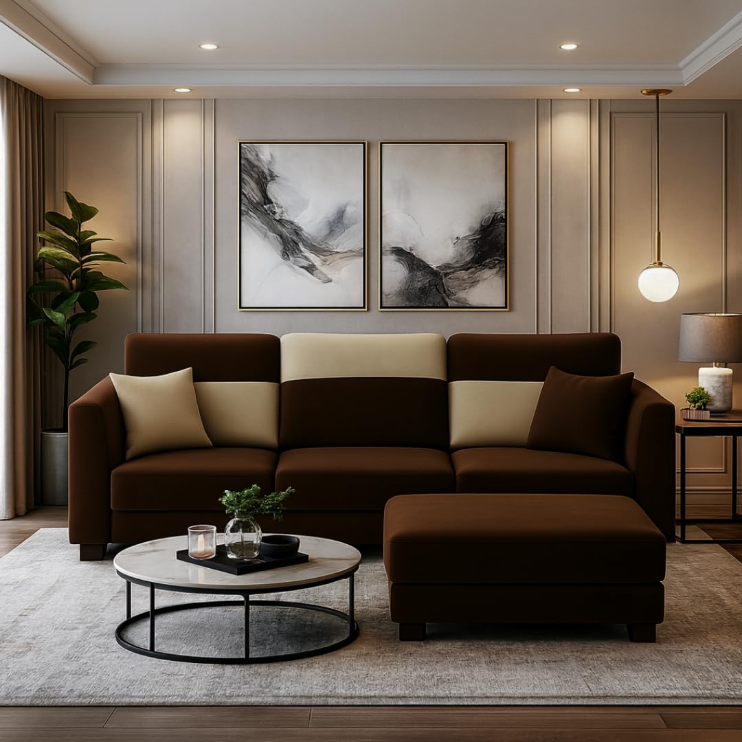Evanto 3 Seater Modular L Shape Sofa Set with Ottoman | Soft Velvet Suede Fabric | Modern Design | Plush Comfort Cushions for Living Room (Dark Brown-Cream) Evanto 3 Seater Modular L Shape Sofa Set with Ottoman | Soft Velvet Suede Fabric | Modern Design | Plush Comfort Cushions for Living Room (Dark Brown-Cream)