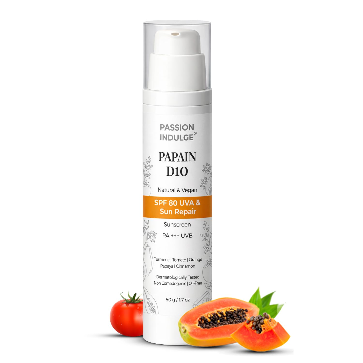 Passion Indulge Papain D10 Sunscreen SPF 80 PA++++ (50gm) | High Protection Anti-Tan Sunscreen for Uneven, Dark & Damaged Skin | Skin Brightening with Papaya, Turmeric & Orange | Oil-Free, Vegan, Paraben-Free | For Men & Women-image-9