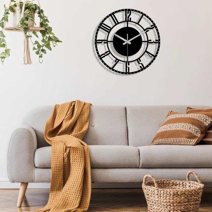 Image of Designer Metal Wall Clock for Living Room | Antique Stylish Fancy Decorative Big Size Wall Watch for Bedroom, Office, Kitchen, Dining, Hall and Decor (Black(ST-12), 50CM)