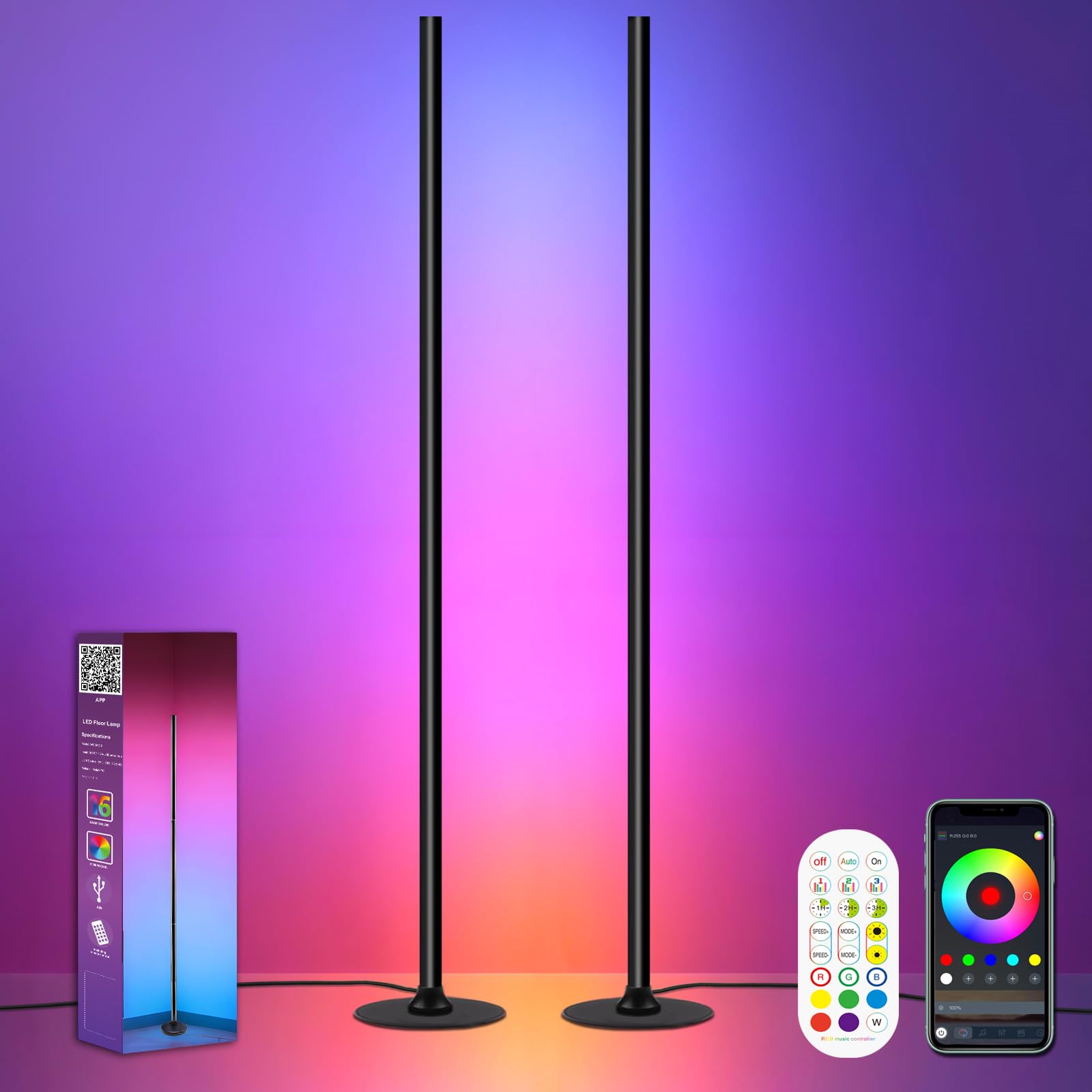 Anmossi LED Floor Lamp 2 Pack,120cm Smart Corner Lamp,Standing Lamp with APP and Remote Control,Music Sync,16 Million Colors,234 Dynamic Modes,Corner Floor Lamp for Living Room,Bedroom,Gaming Room