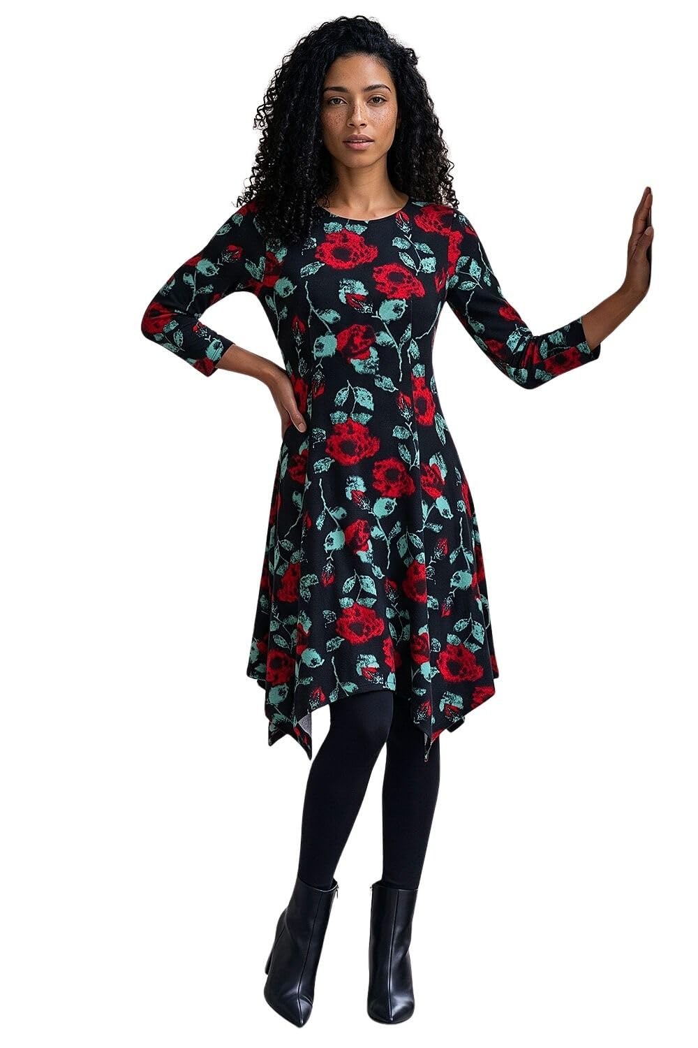 Roman Women's Rose Print Hanky Hem Dress in Black | Size: 18