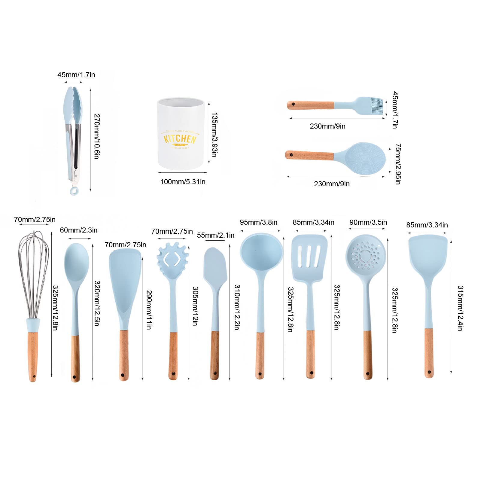 12-teiliges Küchenhelfer-Set aus Silikon mit drehbarem Aufbewahrungseimer, Holzgriffen, erhitzen bis 240 °C, kostenlos, blau