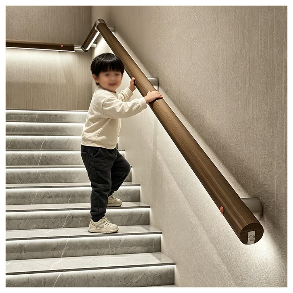 Customizable LED Stair Handrail, Wooden Handrails for Indoor Stairs with Body Sensor, Non-Slip Design, Modern Stair Railing for Home, Garden, Lofts