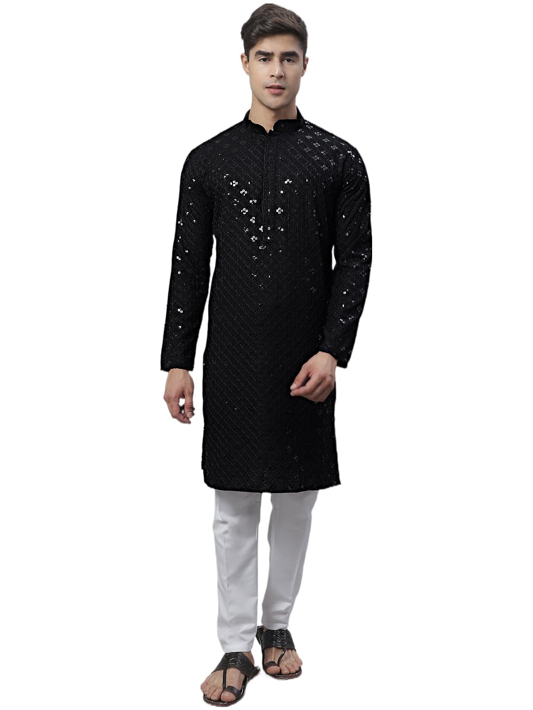 Jompers Men's Chikankari Embroidered And Sequence Kurta With Pyjama (Black, L)