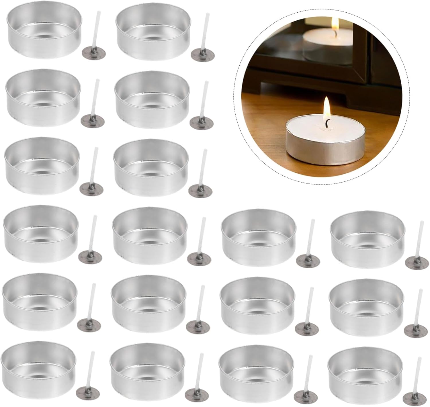 BEBEMOKO 200sets Empty Aluminum Tea Light Cups Wax Candle Containers Wicks for Candle Making and Reusable Tea Light Holders for Home Decor and Events