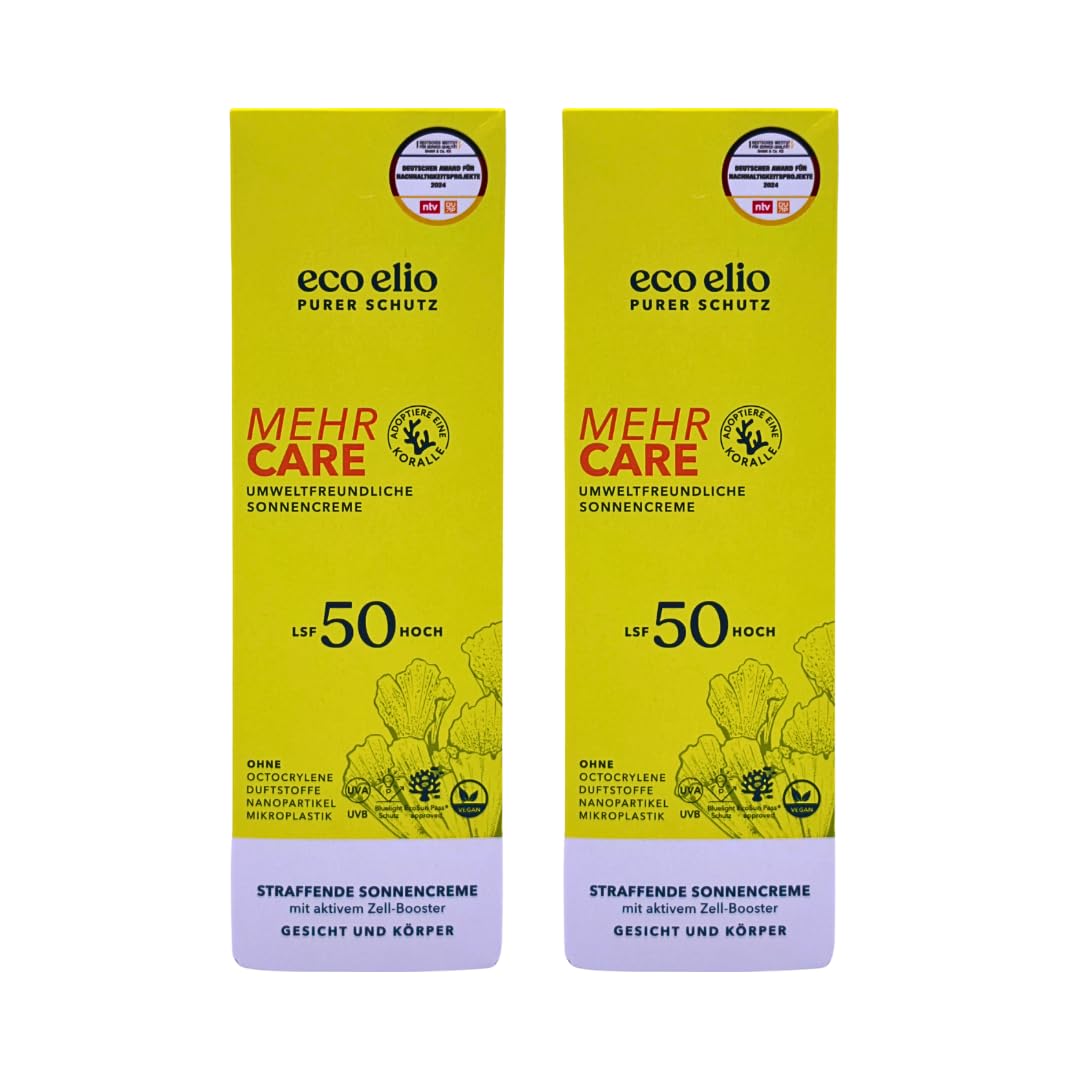 eco elio Mehr Care LSF 50, 2x 200 ml I Sonnencreme mit Niacinamid & Blue-Light-Schutz I Straffend, schnell einziehend & vegan I Für Gesicht & Körper I Spar-Set plus Pharma Perle give-away