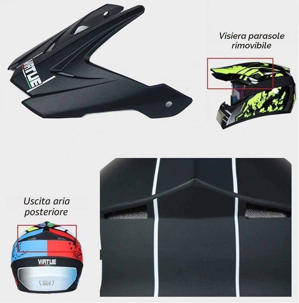 Doppio Sport Integrali MTB Casco da Motocross, con Occhiali Guanti Maschera, Gioventù Bambini Fuori Strada ATV Moto Incidente Casco, Discesa BMX Enduro Quad Bicicletta Sporca Casco per Ragazzo Ragazza