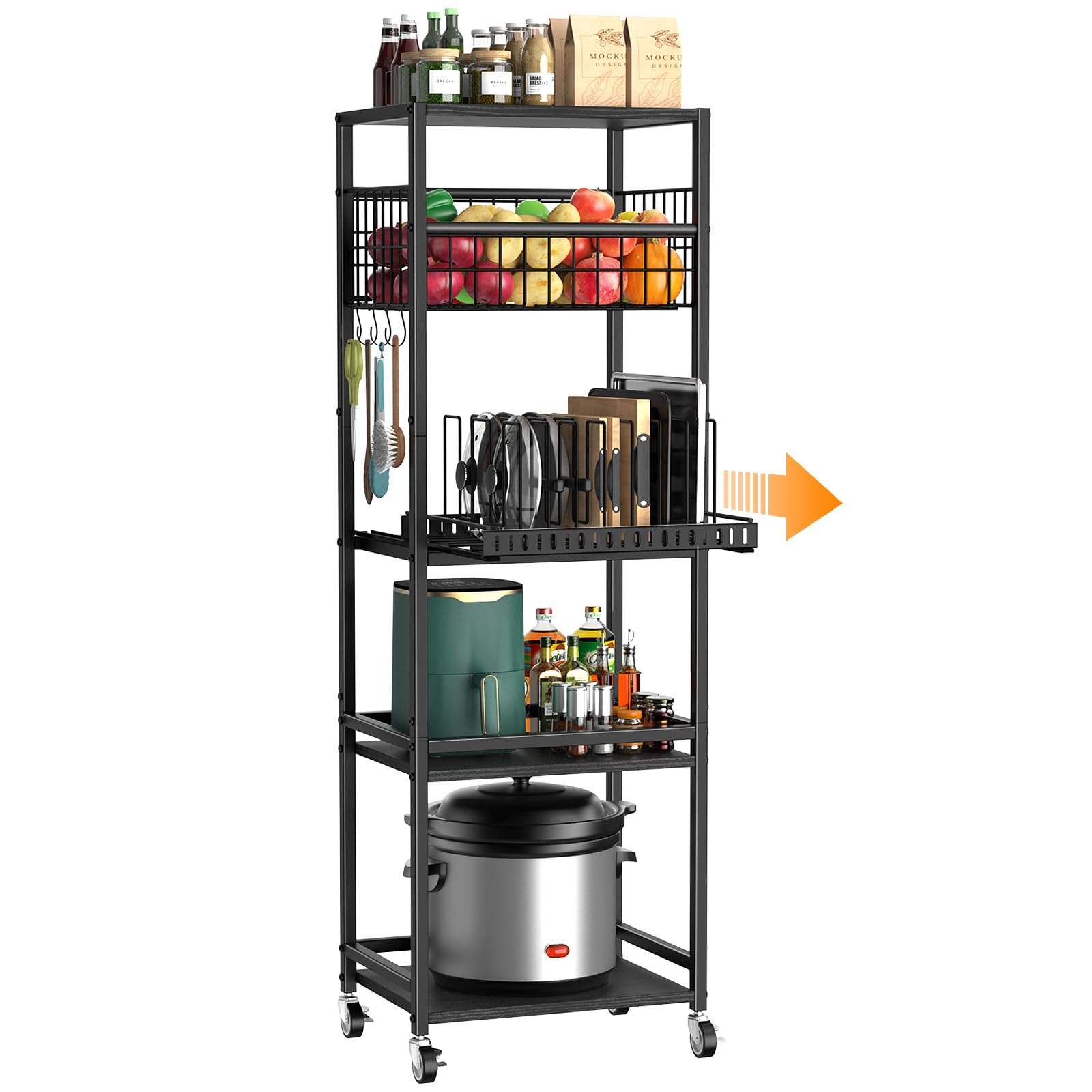 Housolution Carrello da Cucina a 5 Ripiani, Carrello Portaoggetti con Cestino in Metallo e Organizer per Tagliere e Coperchi Estraibili, Scaffale con Ripiano in Legno per Cucina, Dispensa, Bagno