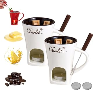 Chocolate Fondue Mugs Set of 2, Chocolate Melting Mug, Ceramic Chocolate Fondue Mugs with Forks, Melting Fondue Mug for Chocolate Cheese Butter (2Set White)